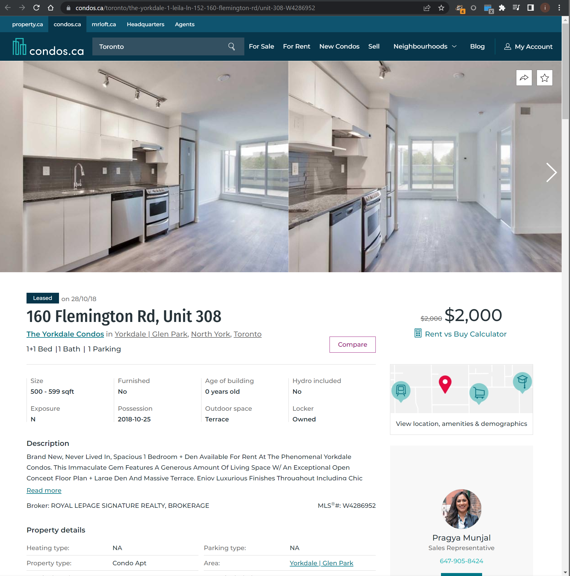Web screenshot showing Unit 308 in 160 Flemington Rd being rented in October 2018 with possession on 2018-10-25.