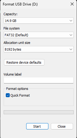 Format USB Drive Dialogue